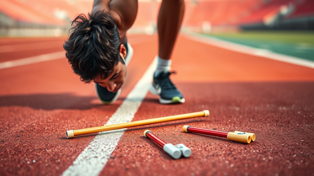 릴레이 경기 중 바톤이 트랙 위에 떨어진 순간
