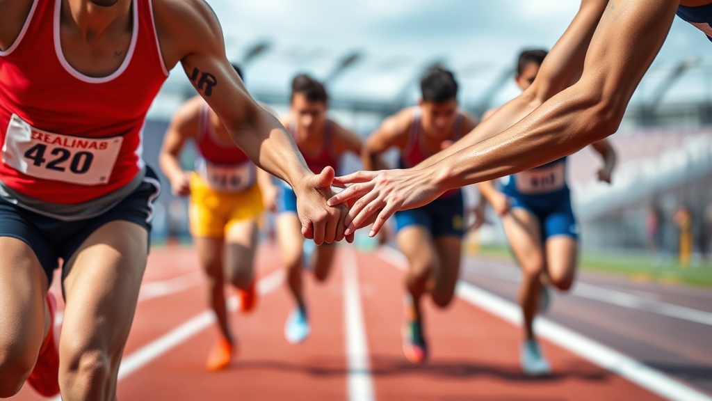 릴레이 선수들이 바톤을 주고받는 순간의 손 위치와 자세