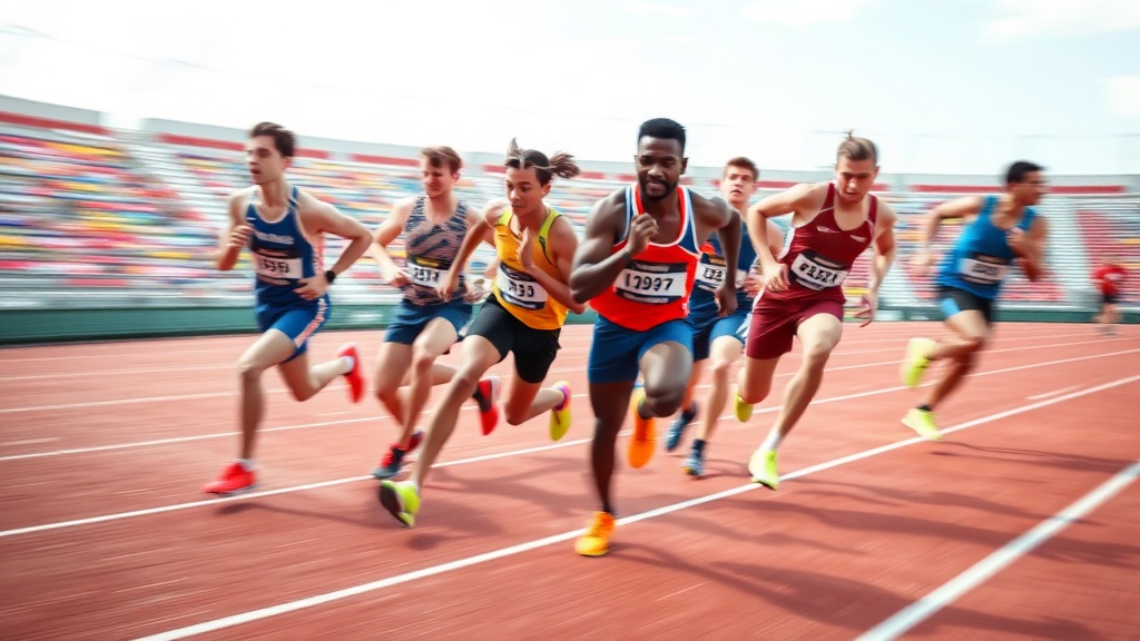 여러 릴레이 종목 선수들이 육상 트랙에서 경기를 진행하는 장면